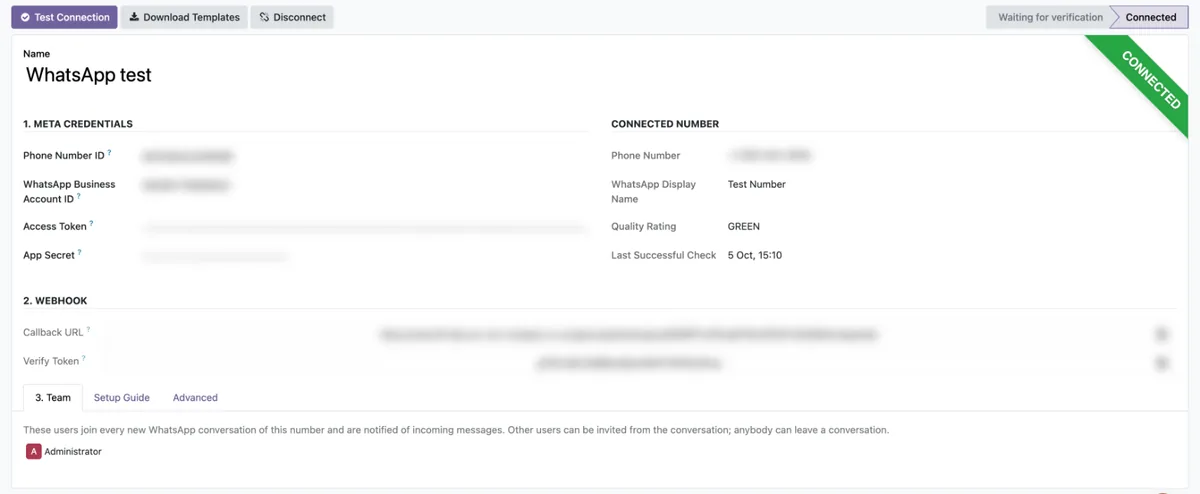 Connecting a number: Meta credentials, webhook and a connection test.