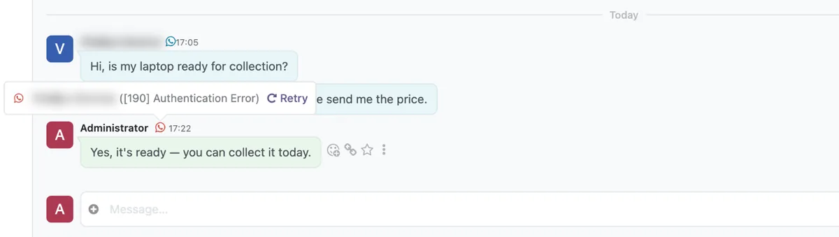 Delivery error with a Retry button.