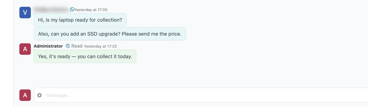 The same message after Retry: delivered and read.
