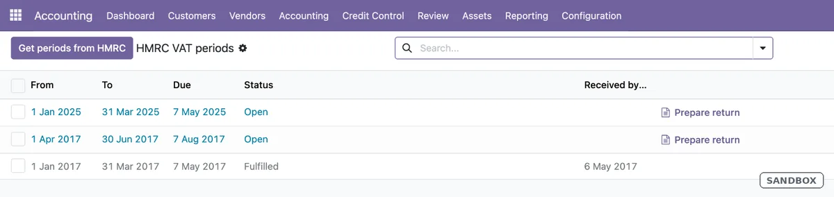 VAT periods received from HMRC. HMRC sandbox — test data.