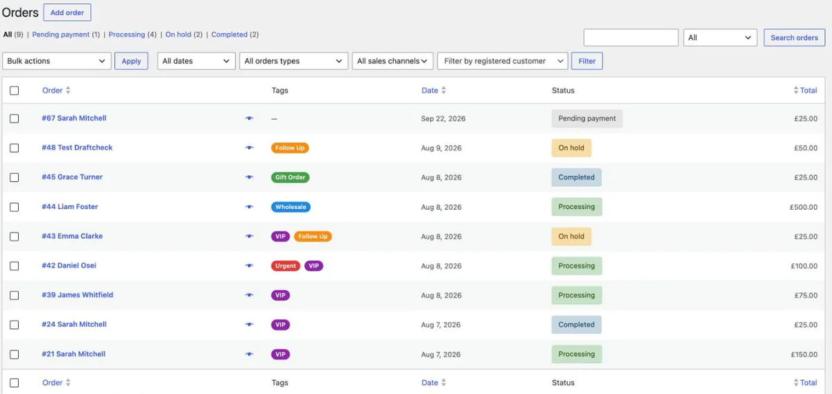 Spalvotos žymos WooCommerce užsakymų sąraše.