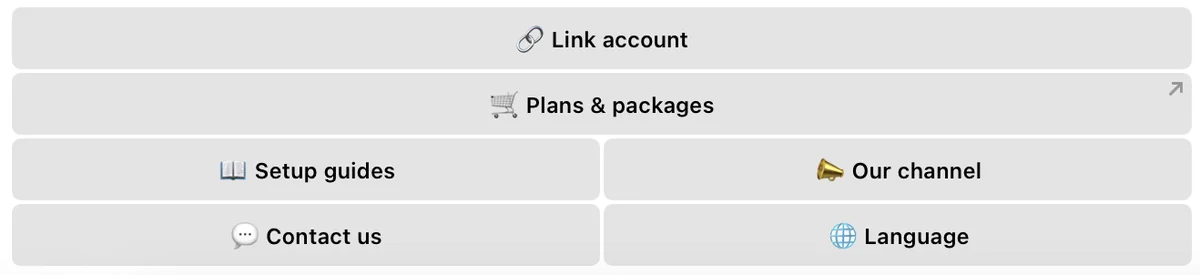 The customer bot's main menu: link an account, plans, setup guides, news channel, contact, language.