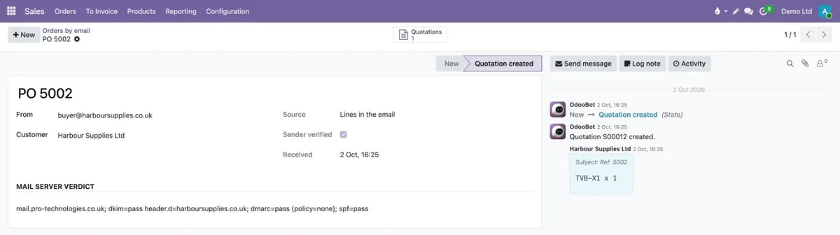 Order lines typed in an email; the mail server confirmed the sender (DKIM, SPF and DMARC pass).
