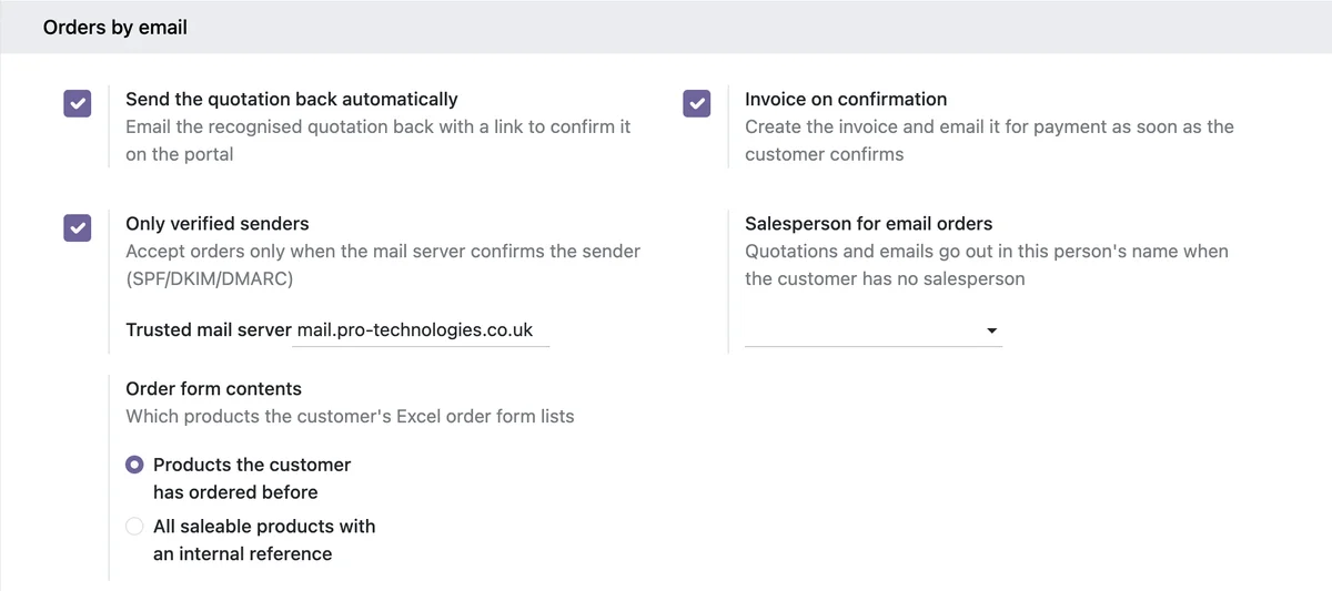Settings: send the quotation back, invoice on confirmation, verified senders only, the order form contents.