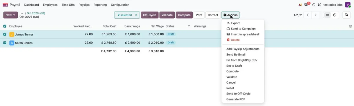 Fill from BrightPay CSV atlyginimų lapelių meniu Actions.