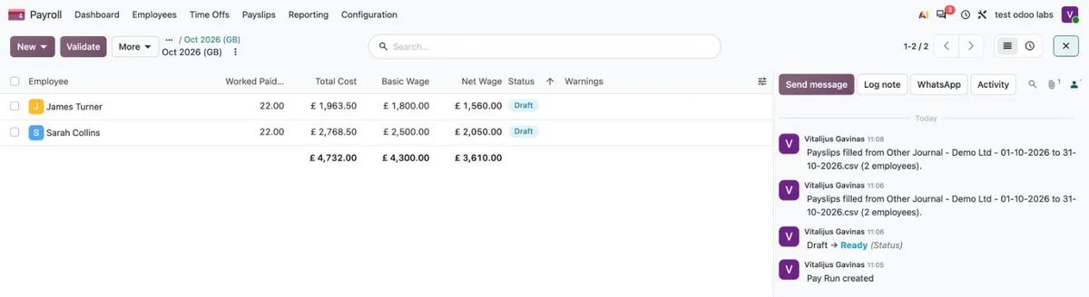 Išmokėjimas, užpildytas iš BrightPay failo, su įrašu pokalbių juostoje.