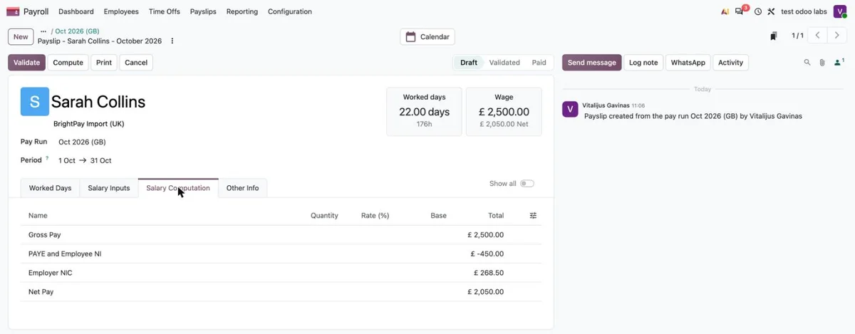 Atlyginimo lapelis: priskaičiuota suma, PAYE ir darbuotojo NI, darbdavio NIC ir išmokama suma — tie patys skaičiai kaip BrightPay.