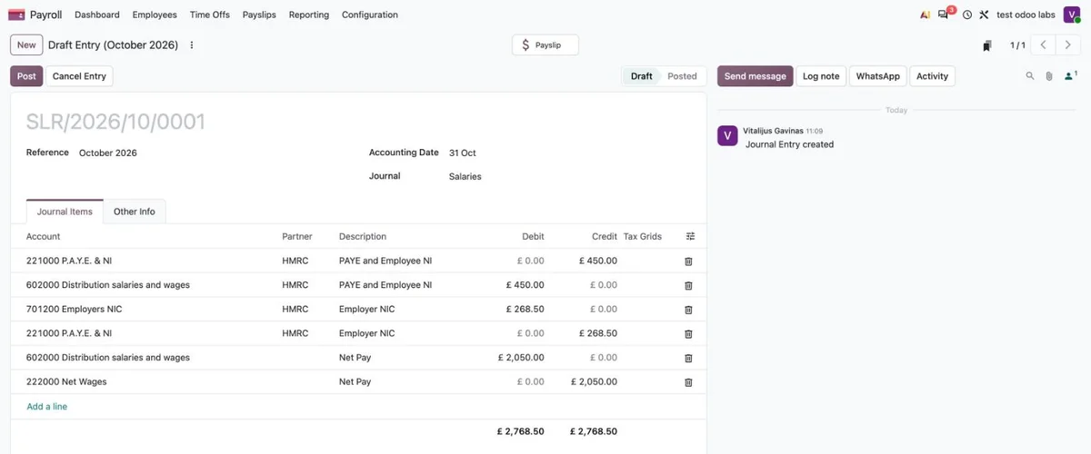 Žurnalo įrašas, kurį Odoo Payroll sukuria pagal lapelį.