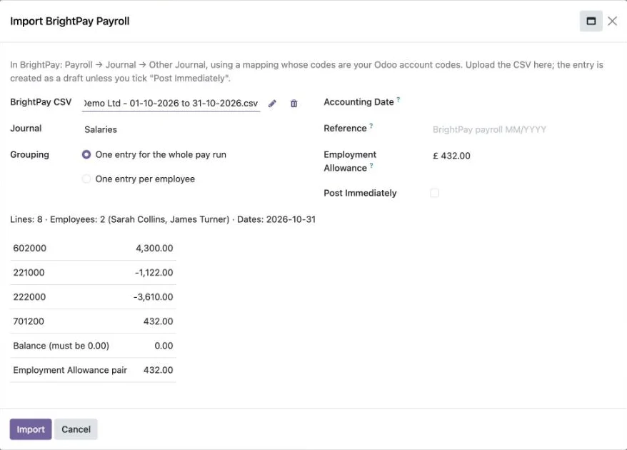 Importo langas: sumos pagal sąskaitas, balansas ir Employment Allowance pora — prieš ką nors sukuriant.
