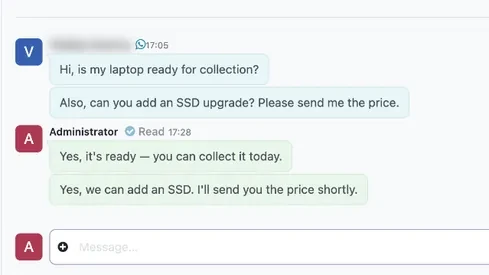 A WhatsApp chat with a customer inside Odoo Discuss