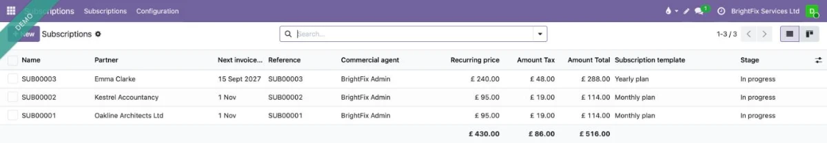Recurring contracts in Odoo: next invoice date, price and stage for each customer
