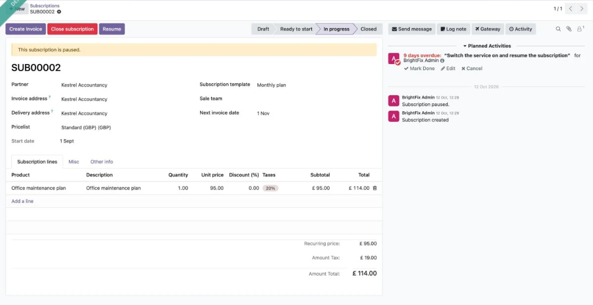 A new contract waits for manual activation: Odoo adds a to-do to switch the service on